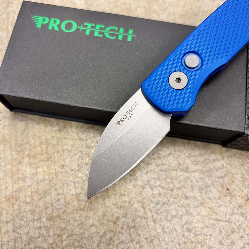 Load image into Gallery viewer, Protech Runt 5 R5305-BLUE Textured Blue Handle 1.9" Stonewash MAGNACUT Wharncliffe Blade Blasted Hardware Automatic Knife
