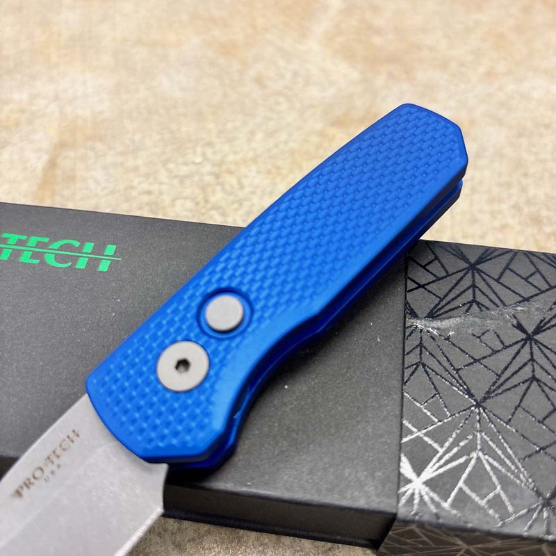 Load image into Gallery viewer, Protech Runt 5 R5305-BLUE Textured Blue Handle 1.9" Stonewash MAGNACUT Wharncliffe Blade Blasted Hardware Automatic Knife
