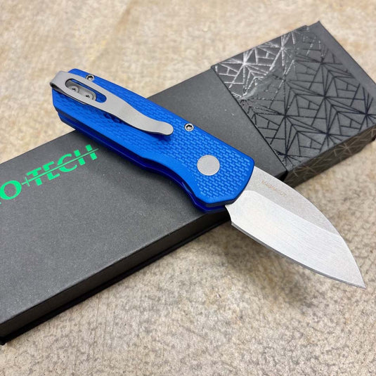 Protech Runt 5 R5305-BLUE Textured Blue Handle 1.9" Stonewash MAGNACUT Wharncliffe Blade Blasted Hardware Automatic Knife