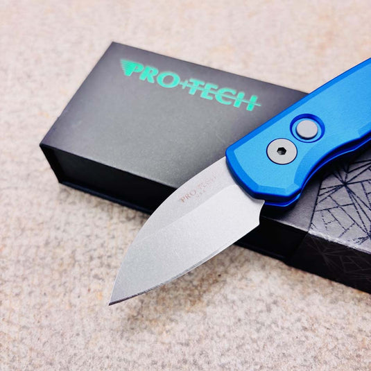 Protech Runt 5 R5301-Blue Smooth Blue Handle 1.9" Stonewash MAGNACUT Wharncliffe Blade Blasted Hardware Automatic Knife
