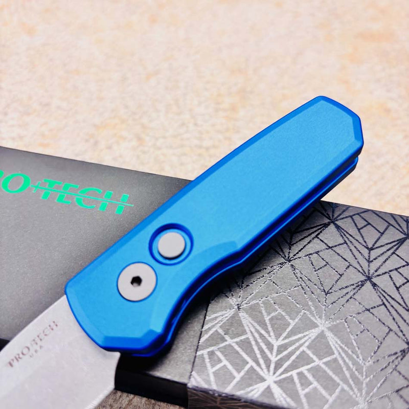 Load image into Gallery viewer, Protech Runt 5 R5301-Blue Smooth Blue Handle 1.9" Stonewash MAGNACUT Wharncliffe Blade Blasted Hardware Automatic Knife
