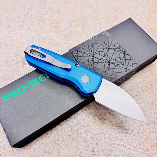 Protech Runt 5 R5301-Blue Smooth Blue Handle 1.9" Stonewash MAGNACUT Wharncliffe Blade Blasted Hardware Automatic Knife