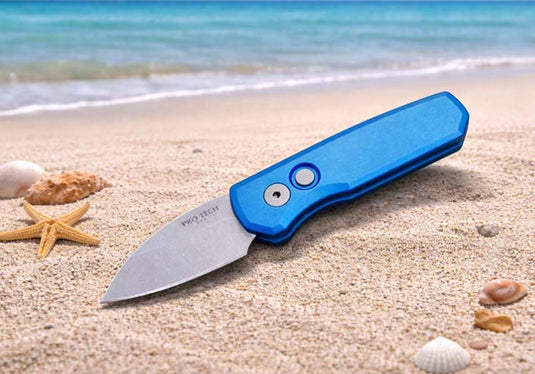 Protech Runt 5 R5301 Smooth Black Handle 1.9" Stonewash MAGNACUT Wharncliffe Blade Blasted Hardware Automatic Knife