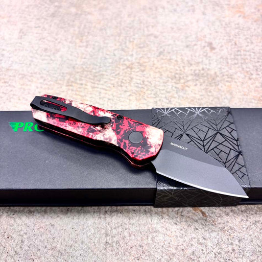 Protech R5303-CTC, Runt 5 Crimson Tiger Camo Custom Anodized Handle, DLC Black Magnacut Wharncliffe Blade, Knife