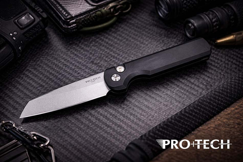 Load image into Gallery viewer, Protech BST26.Slimfoot.1 TuffKnives Designed Slimfoot Auto, Black Solid Handles, Stonewashed Magnacut Blade, Mosaic Pin Button Knife BLADE SHOW TEXAS 2026
