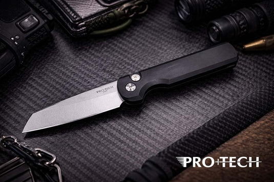 Protech BST26.Slimfoot.1 TuffKnives Designed Slimfoot Auto, Black Solid Handles, Stonewashed Magnacut Blade, Mosaic Pin Button Knife BLADE SHOW TEXAS 2026