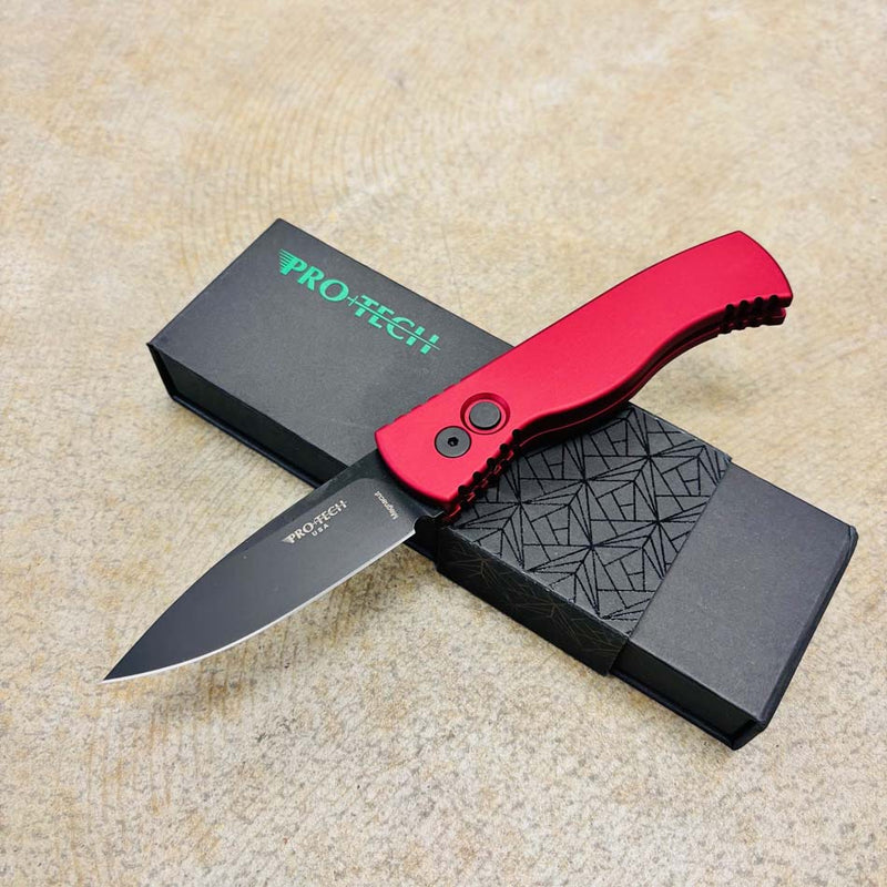 Load image into Gallery viewer, Protech T203-RED Tactical Response 2 Drop Point 3.0" DLC Black Magnacut Blade Solid Red Handles Knife
