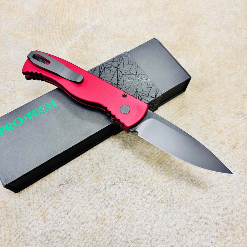 Load image into Gallery viewer, Protech T203-RED Tactical Response 2 Drop Point 3.0" DLC Black Magnacut Blade Solid Red Handles Knife
