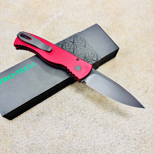 Protech T203-RED Tactical Response 2 Drop Point 3.0" DLC Black Magnacut Blade Solid Red Handles Knife