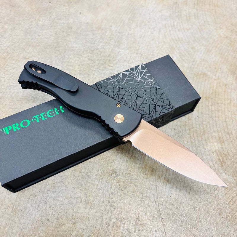 Load image into Gallery viewer, Protech T203-RG Tactical Response 2 Drop Point 3.0" Rose Gold Magnacut Blade, Abalone Button, Deep Carry Clip, Auto Knife
