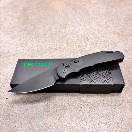 Protech T503-Operator Automatic Sterile Black Handle with Safety Steel Glass Breaker DLC S35VN Blade Tritium Push Button Knife BLADE SHOW 2026