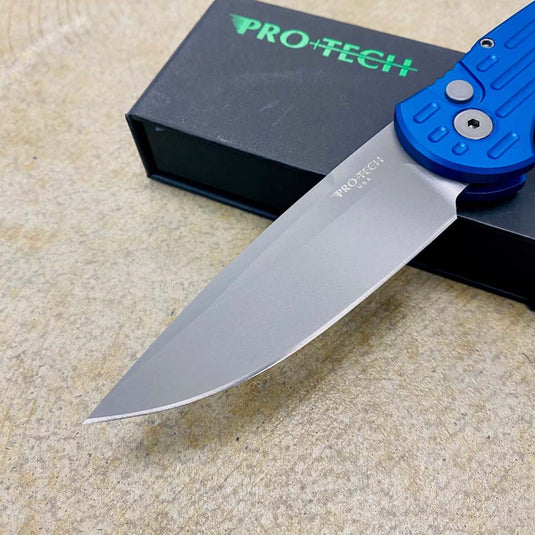 Protech TR-3 BLUE Clip Point 3.5" Auto Blue Handle with Grooves Bead Blasted Blade Knife