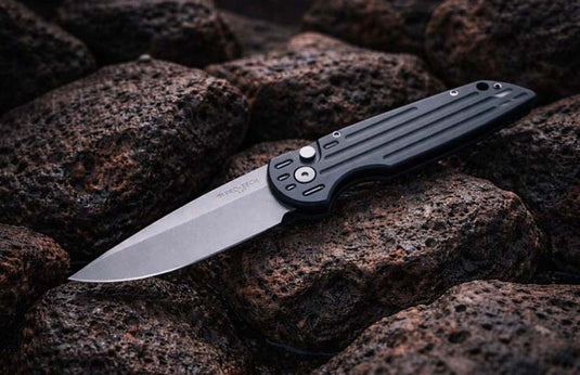 Protech TR-3 Clip Point 3.5" Auto Black Handle with Grooves Bead Blasted Blade Knife