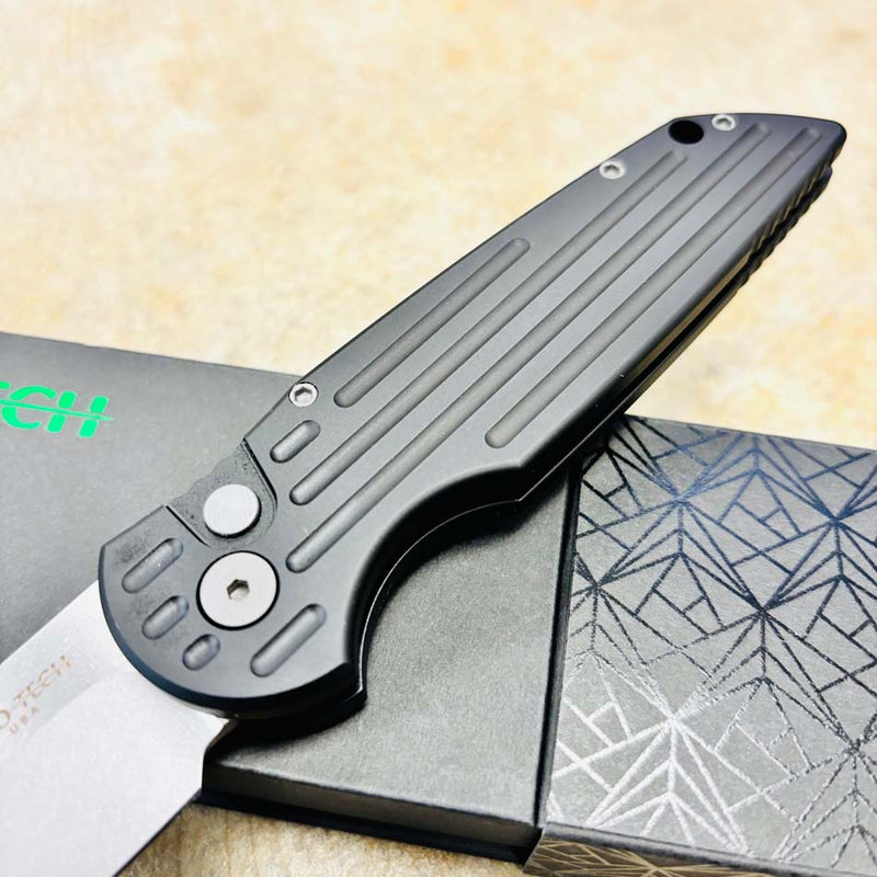 Load image into Gallery viewer, Protech TR-3 SW Clip Point 3.5" Auto Black Handle with Grooves Bead Blasted Hardware Stonewash Blade Knife
