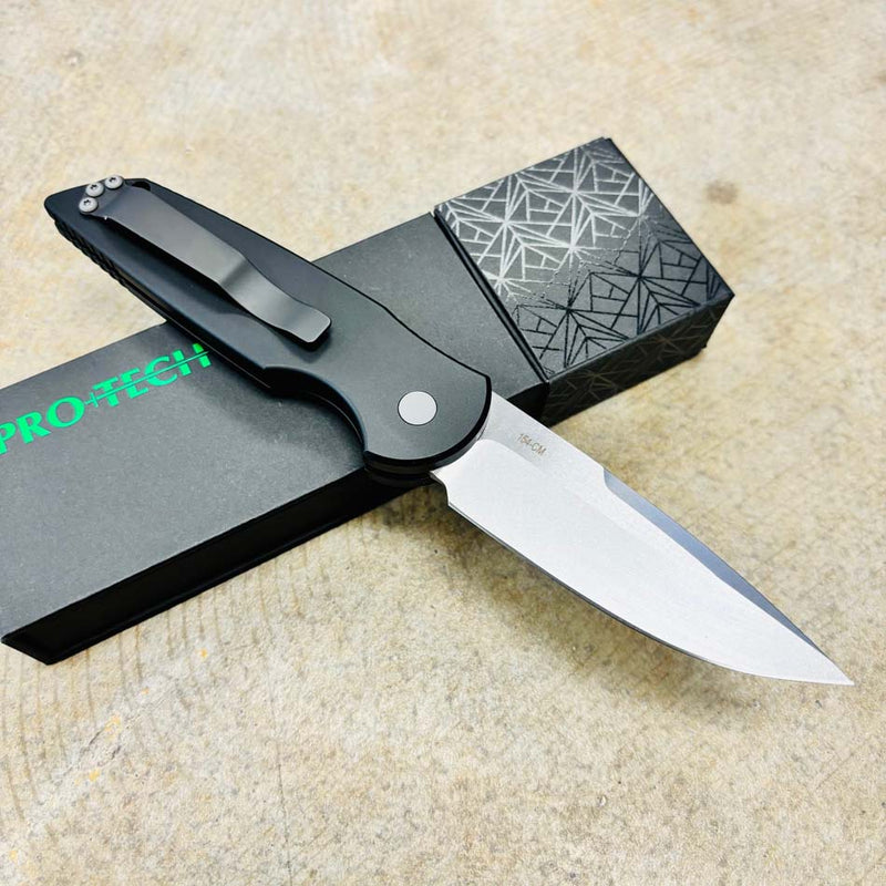 Load image into Gallery viewer, Protech TR-3 SW Clip Point 3.5" Auto Black Handle with Grooves Bead Blasted Hardware Stonewash Blade Knife
