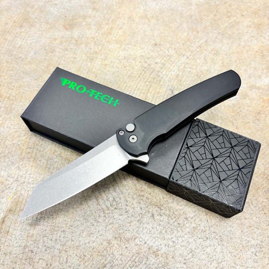 Protech 5401 Malibu Black Handle with Magnacut Reverse Tanto Blade, Stonewash Finish, Blasted Hardware Knife