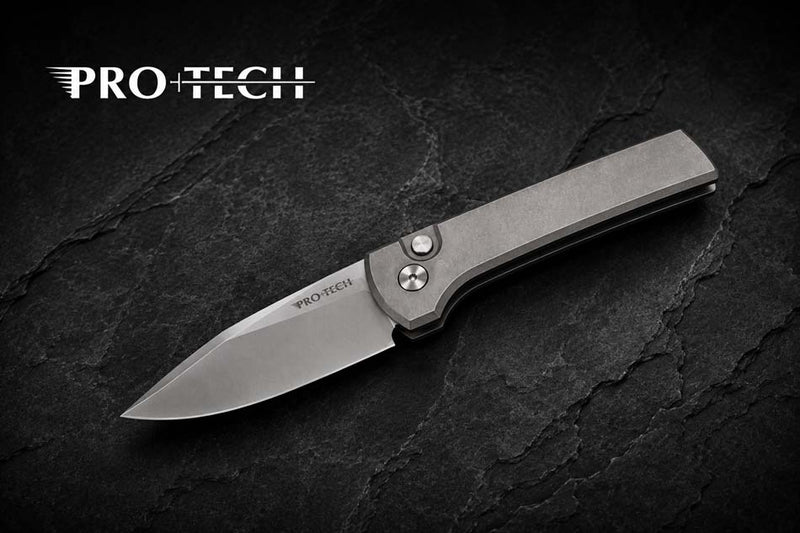 Load image into Gallery viewer, Protech 2026 Scapegoat Compact Custom 001, Scapegoat Compact Auto, Blasted Stonewashed 17-4 heat treated steel handles Knife
