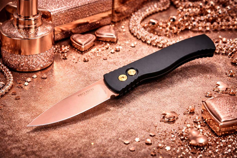 Load image into Gallery viewer, Protech T203-RG Tactical Response 2 Drop Point 3.0" Rose Gold Magnacut Blade, Abalone Button, Deep Carry Clip, Auto Knife

