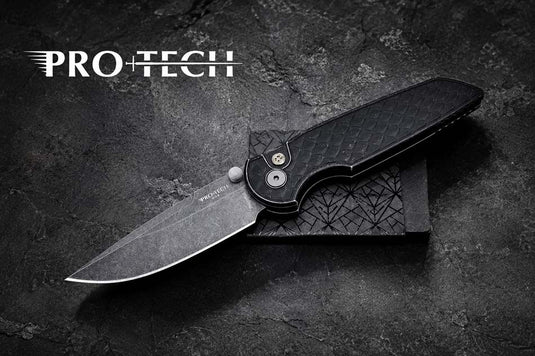 Protech BSA26.INT.1 TR-3 Integrity Thumbstud Manual, Battleworn REPTILE Textured Black Handle, Acidwash Magnacut Blade Knife