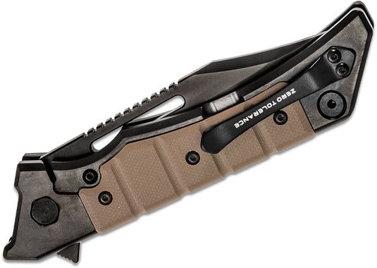 Zero Tolerance 0223 Tim Galyean Flipper Knife 3.5" CPM-20CV Black DLC Blade, Black Titanium/Earth Brown G10 Handles