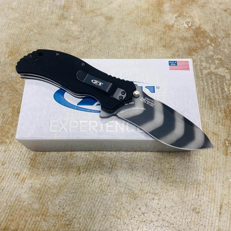 Load image into Gallery viewer, Zero Tolerance Model 0350TS Assisted Flipper Knife 3.25" S30V Tiger Stripe Plain Blade, Black G10 Handles
