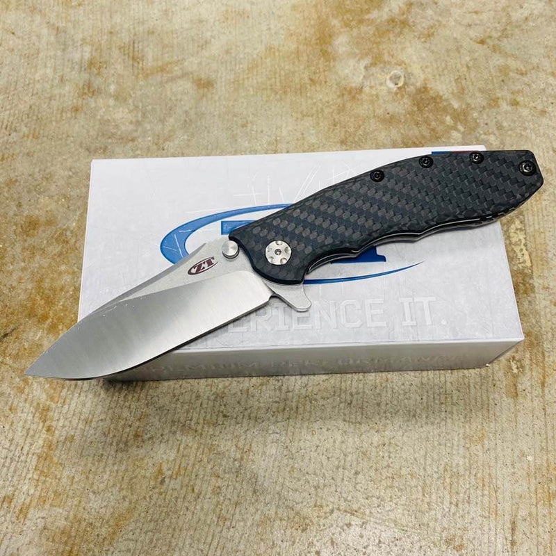 Load image into Gallery viewer, Zero Tolerance Hinderer 0562CF Flipper 3.5" CPM-20CV Satin/Stonewashed Plain Blade, Carbon Fiber with Titanium Back Handle
