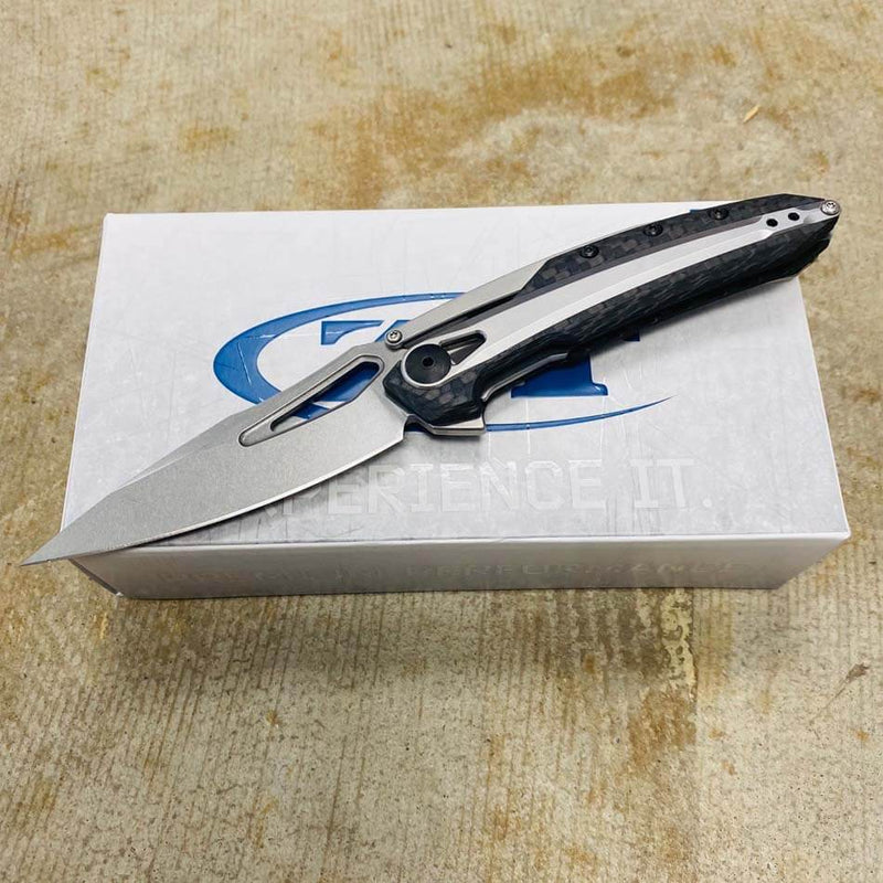 Load image into Gallery viewer, Zero Tolerance 0990 Flipper Knife 3.25" CPM-20CV Stonewashed Drop Point Blade, Carbon Fiber Handles with Steel Overlay
