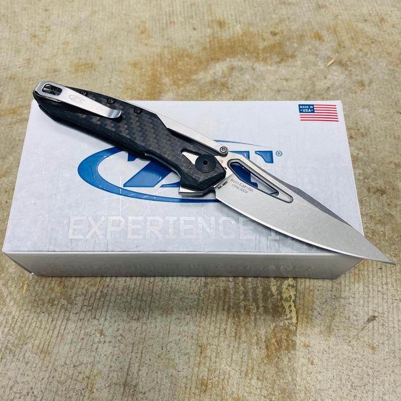 Load image into Gallery viewer, Zero Tolerance 0990 Flipper Knife 3.25" CPM-20CV Stonewashed Drop Point Blade, Carbon Fiber Handles with Steel Overlay
