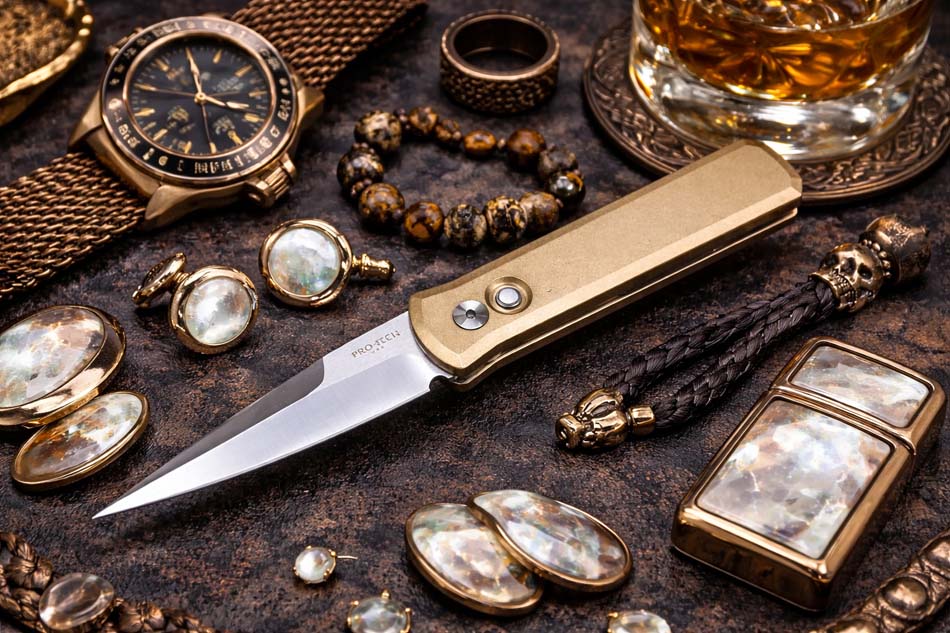 PROTECH 7110 Godson 3.15" LIMITED Stonewash Solid Bronze AL Handle Satin Blade Mother of Pearl Button Auto Knife - 7110