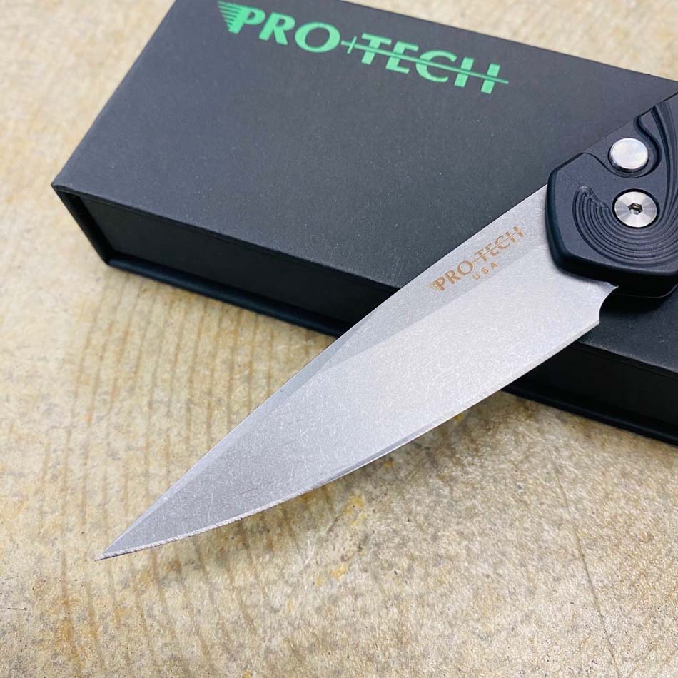 Protech 3436 Newport 3" Stonewash Blade, Black Handle with 3D Wave Pattern, Mother of Pearl Button, Automatic Knife - 3436