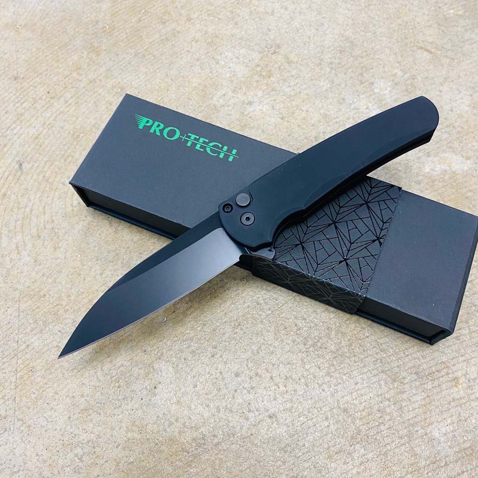 Protech 5303 Malibu Magnacut Wharncliffe 3.3" DLC Blade, Black Handle with all Black Hardware Knife