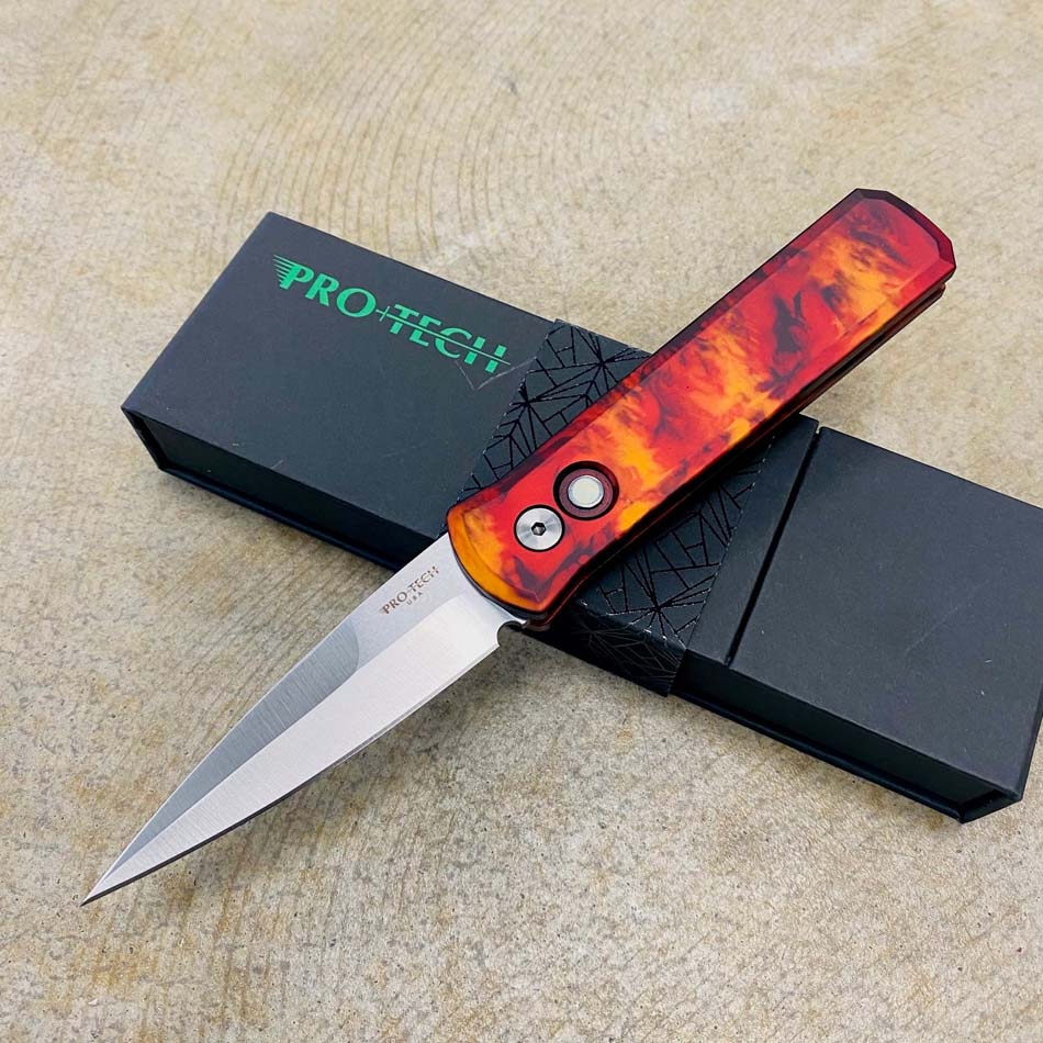 Protech 721 DF1 Godson 3.15" Del Fuego Custom Ano Handles, Satin Blade, Mother of Pearl Button, Automatic Knife