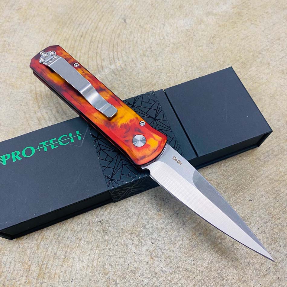 Protech 721 DF1 Godson 3.15" Del Fuego Custom Ano Handles, Satin Blade, Mother of Pearl Button, Automatic Knife - 721 DF1