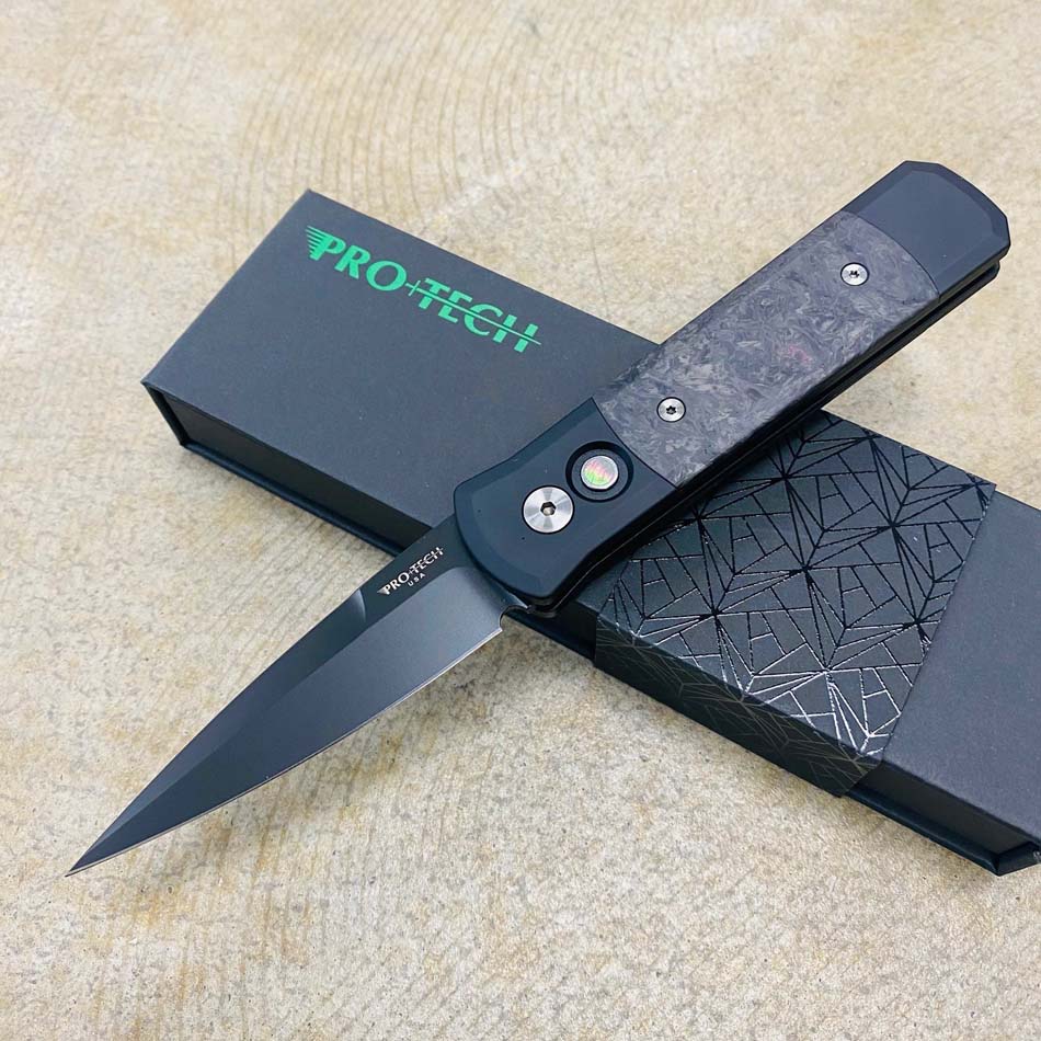 Protech 7FC32 Godson 3.15" Black Handle Fat Carbon Dark Matter Purple Inlays Black Blade Auto Knife