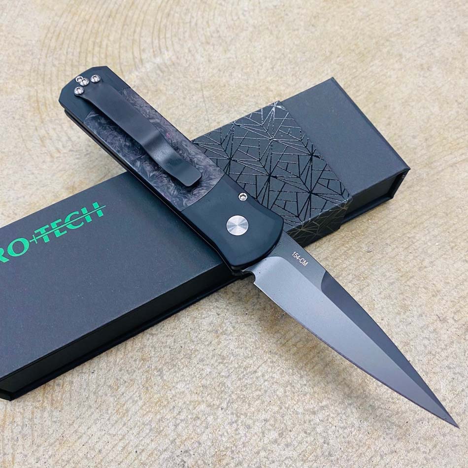 Protech 7FC32 Godson 3.15" Black Handle Fat Carbon Dark Matter Purple Inlays Black Blade Auto Knife - 7FC32