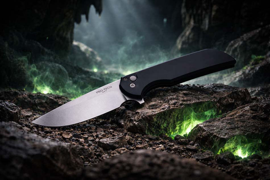 Protech MX101 Mordax Solid Black Handle 3.25 Stonewash Magnacut Blade Plain Edge Folding Knife - MX101