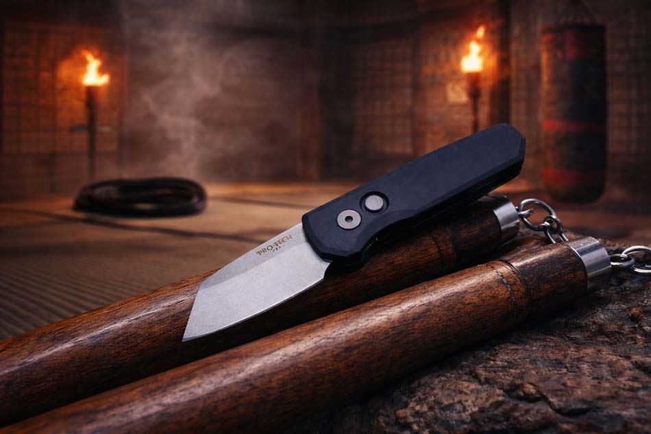 Protech Runt 5 R5201 Smooth Black Handle 1.9" Stonewash 20CV Reverse Tanto Blade Auto Knife  - R5201 Runt 5