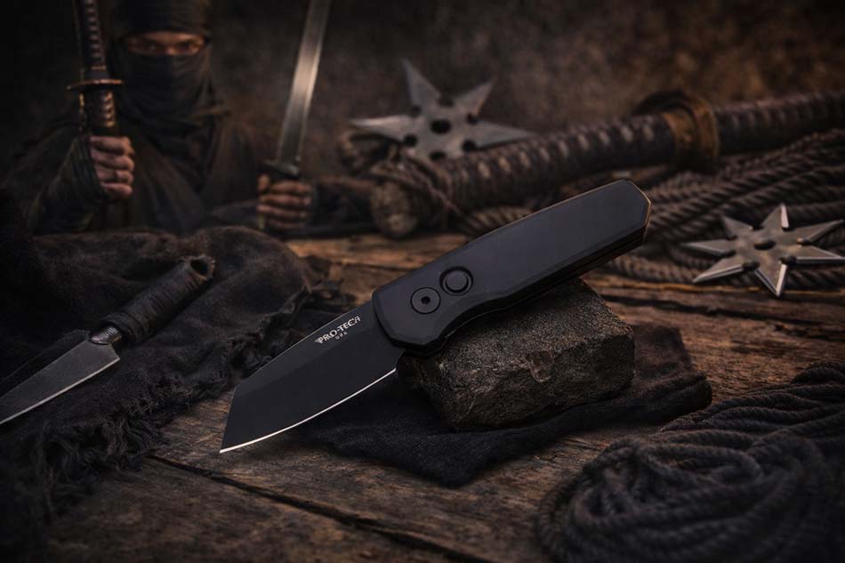 Protech Runt 5 R5203 Smooth Black Handle 1.9" DLC Black 20CV Reverse Tanto Blade Auto Knife - R5203 Runt 5