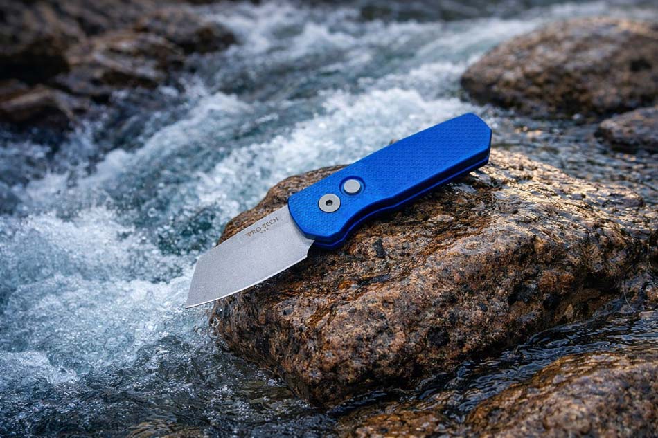 Protech Runt 5 R5205-BLUE Textured Blue Handle 1.9" Stonewash 20CV Reverse Tanto Blade Auto Knife - R5205-BLUE