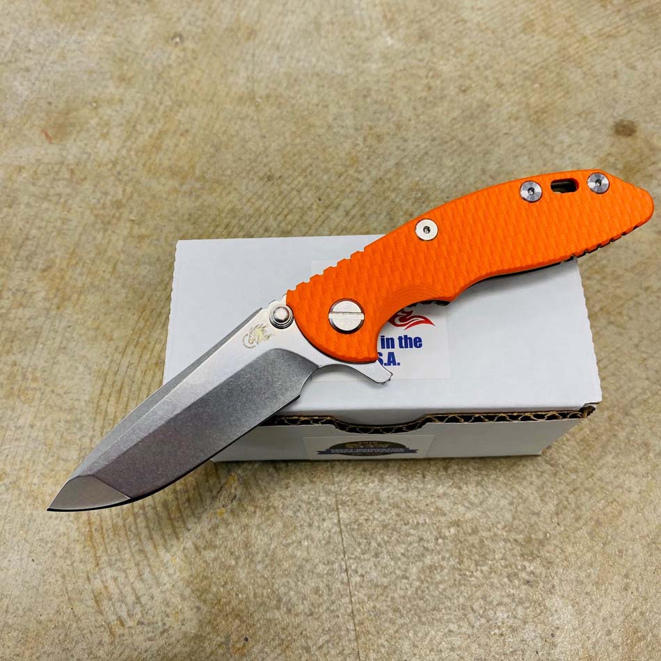 Rick Hinderer XM-18 3.0" Spanto, Tri-Way, STONEWASH BRONZE, Orange G10 Folding Knife Rick Hinderer XM-18 3.0" Spanto, Tri-Way, Stonewash Bronze, Orange G10 Folding Knife