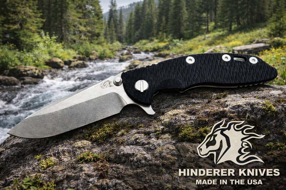 Rick Hinderer XM-18 3.25" Spearpoint Tri-Way Stonewash Blade, Working Finish Lockside, Black G10 Knife Rick Hinderer XM-18 3.25" Spearpoint Tri-Way Stonewash Blade, Working Finish Lockside, Black G10 Knife