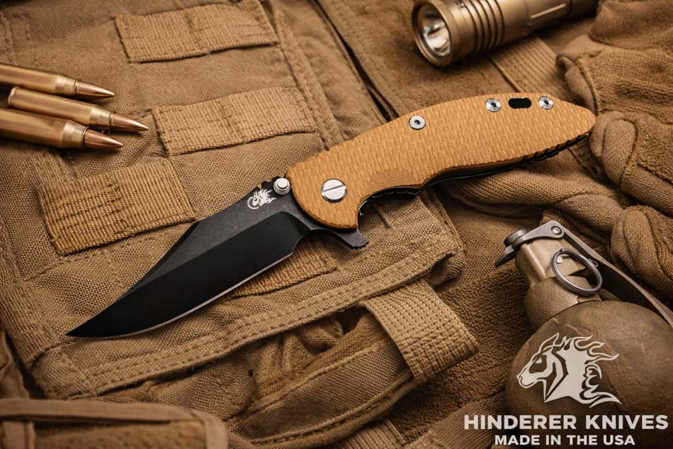 Rick Hinderer XM-18 3.5" Magnacut Bowie, Tri-Way, Battle Black, Coyote G10 Flipper Knife Rick Hinderer XM-18 3.5" Magnacut Bowie, Tri-Way, Battle Black, Coyote G10 Flipper Knife