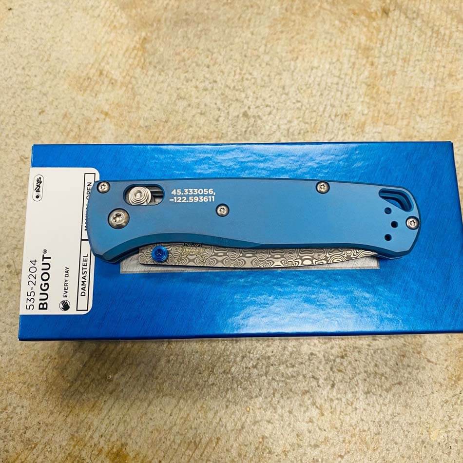 Benchmade 535-2204 Bugout AXIS Folding Knife 3.24" Ladder Pattern Damasteel Blade with Blue Anodized 6AI-4V Titanium with BM HQ Geolocation Laser Etch - 535-2204