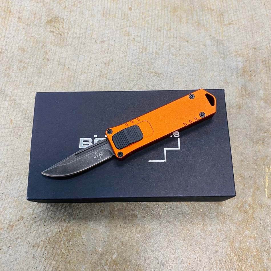 Boker USB OTF Auto Knife Burnt Orange Aluminum Handle D2 1.75" Plain Black Blade 06EX275SOI