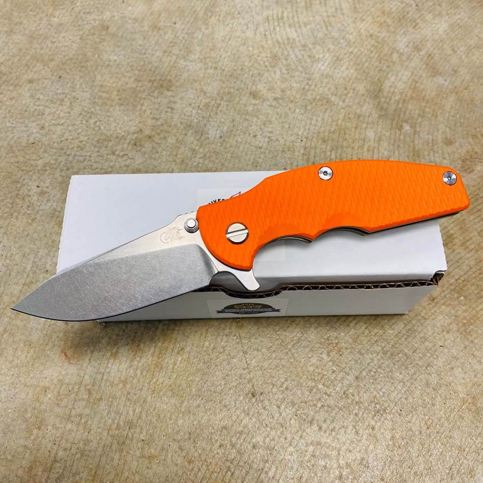Rick Hinderer Jurassic Slicer Magnacut Stonewash Bronze Orange G10 Knife - RH Jurassic Orange Knife