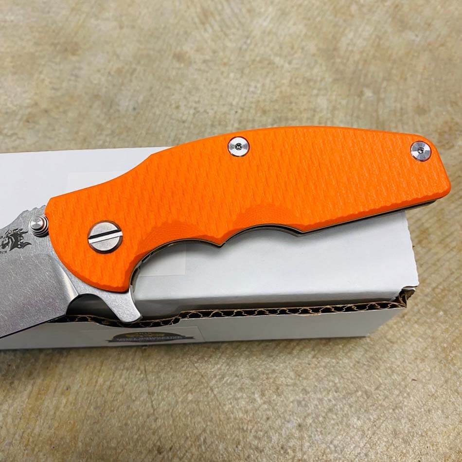 Rick Hinderer Jurassic Slicer Magnacut Stonewash Bronze Orange G10 Knife - RH Jurassic Orange Knife