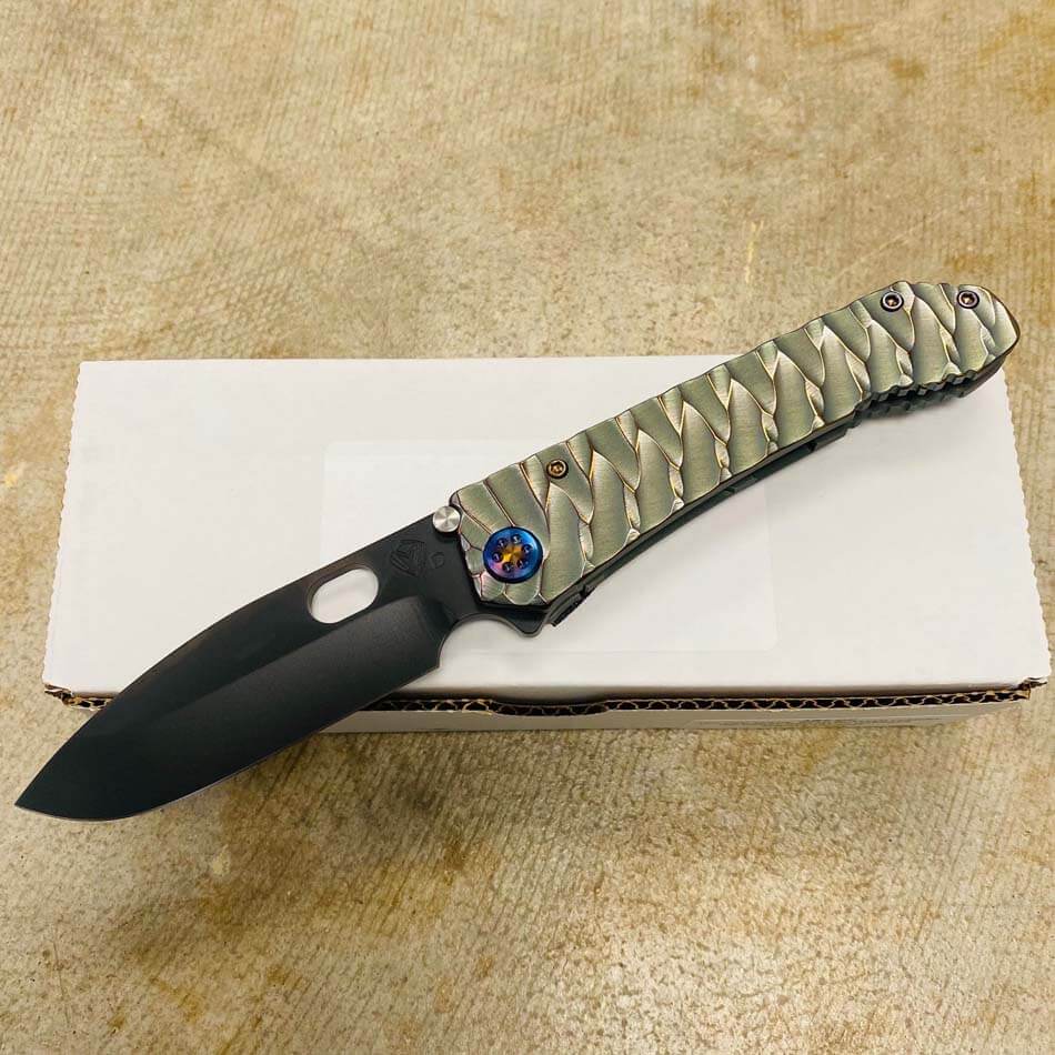 Medford 187 DP D2 PVD 3.75" Blade Bead Blasted Cement with Violet Predator Handles Knife serial 107-066 - MKT 187DP Cement Predator