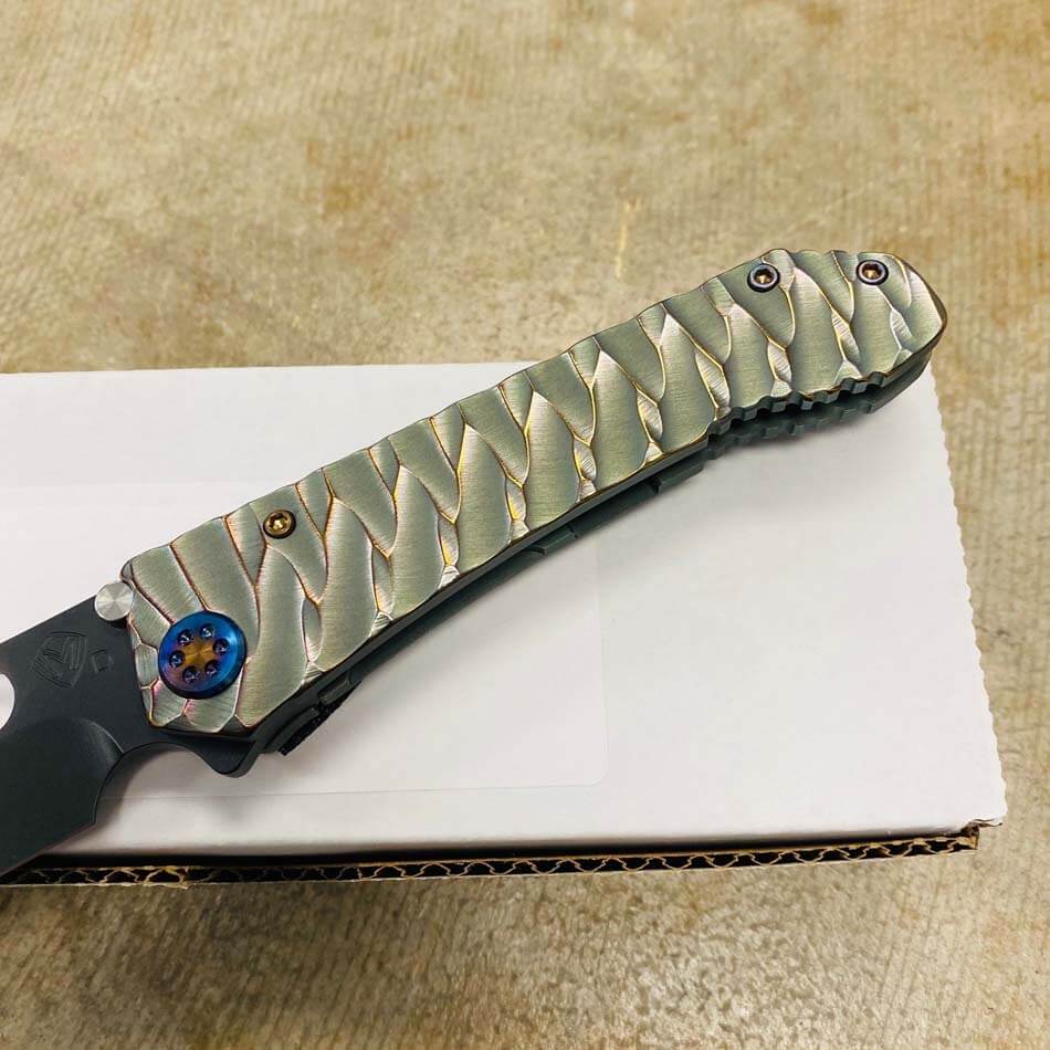 Medford 187 DP D2 PVD 3.75" Blade Bead Blasted Cement with Violet Predator Handles Knife serial 107-066 - MKT 187DP Cement Predator