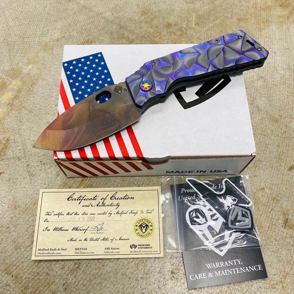 Medford TFF-1 Fat Daddy S35VN Vulcan 4" Blade Bead Blasted Cement with Brushed Violet Stained Glass Knife serial 206-069