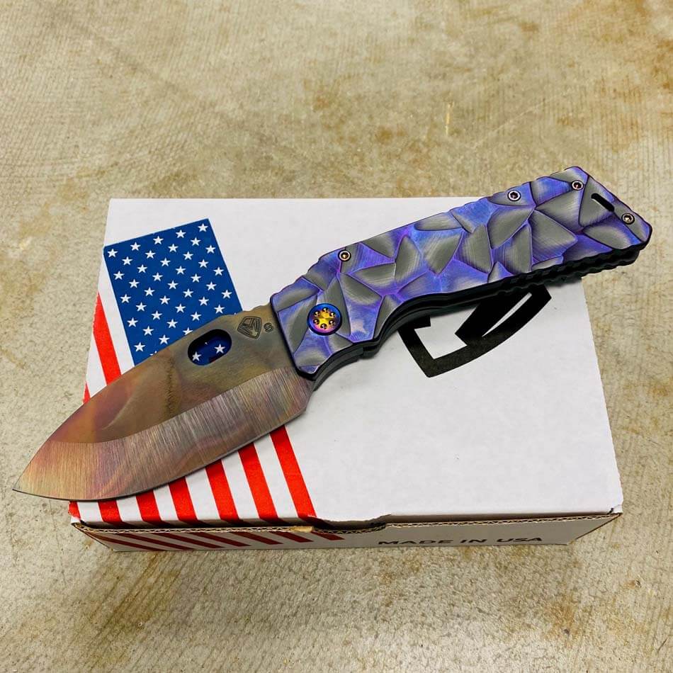 Medford TFF-1 Fat Daddy S35VN Vulcan 4" Blade Bead Blasted Cement with Brushed Violet Stained Glass Knife serial 206-069 - MKT Fat Daddy Cement stained glass